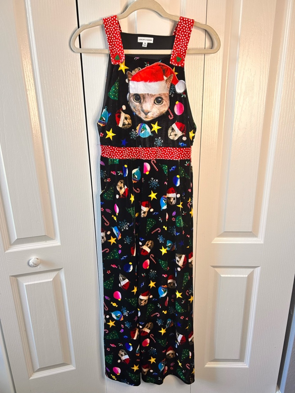 Love on a Hanger Ugly Christmas Cat Romper Outfit 3D Face Women’s Size XS Pocket